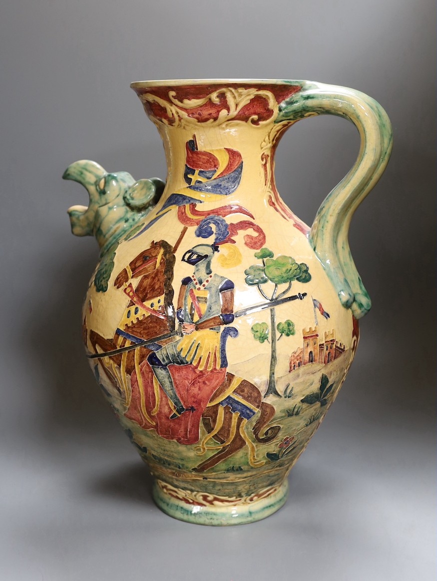 A contemporary pottery vase depicting medieval scenery - 44cm high